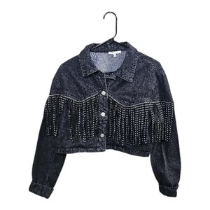 Bavely Embellished Black Denim Jacket with Fringe Size Medium